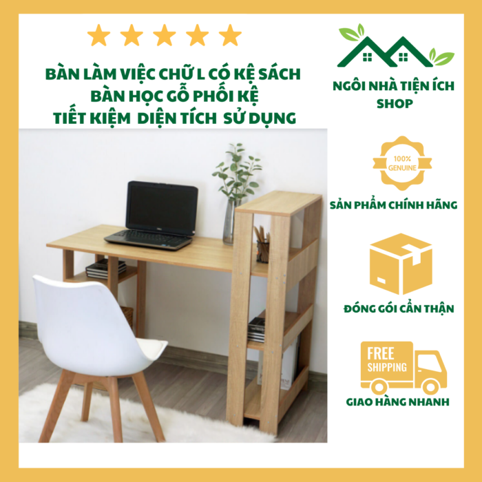 Bàn Làm Việc Chữ L Có Kệ Sách Tiện Lợi, Chất Liệu Gỗ MDF Phủ Melamine Chống Nước, Thiết Kế Tháo Lắp Gọn Gàng