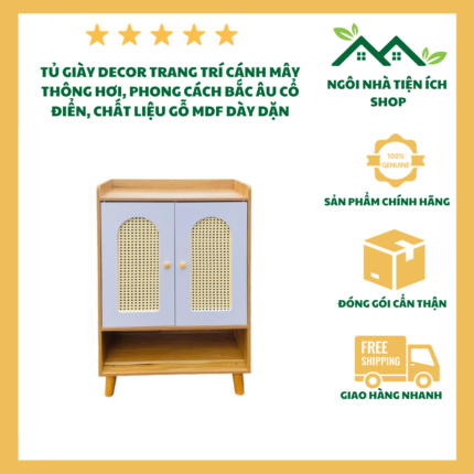 Tủ giày decor cánh mây thông hơi, chất liệu gỗ MDF phong cách Bắc Âu, thiết kế 4 ngăn hiện đại, thoáng khí, thích hợp decor và lưu trữ giày dép