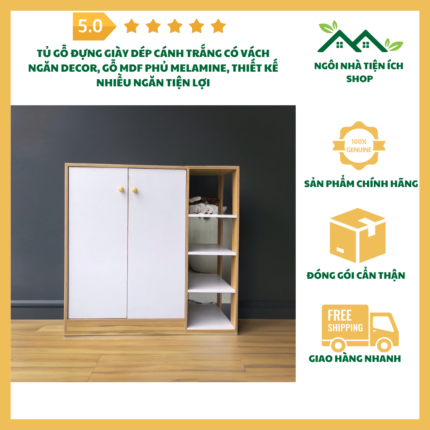 Tủ gỗ đựng giày dép cánh trắng, chất liệu gỗ MDF phủ Melamine, thiết kế nhiều ngăn để giày dép và đồ decor, phù hợp mọi không gian sống hiện đại