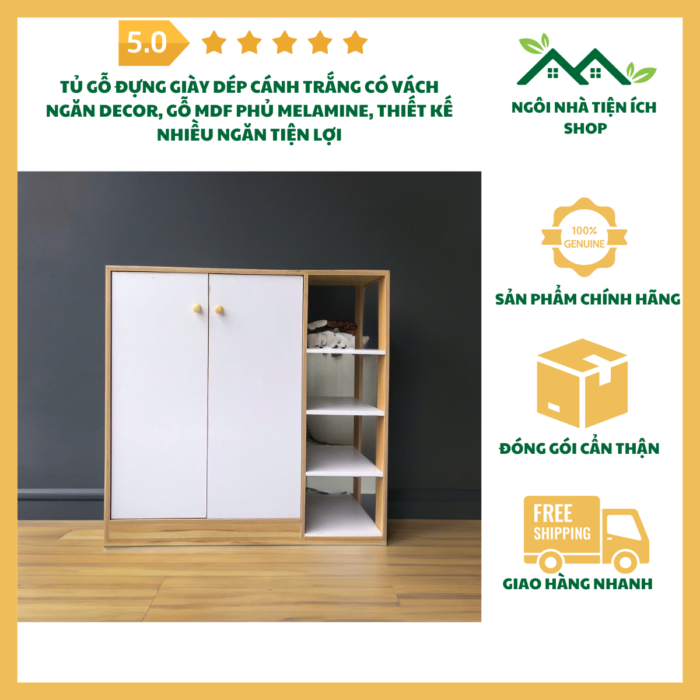 Tủ gỗ đựng giày dép cánh trắng, chất liệu gỗ MDF phủ Melamine, thiết kế nhiều ngăn để giày dép và đồ decor, phù hợp mọi không gian sống hiện đại