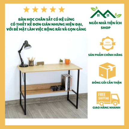 Bàn làm việc chân sắt có kệ lửng, gỗ MDF chống ẩm, thiết kế tinh tế hiện đại, mặt bàn rộng, phù hợp góc học tập và làm việc tại nhà