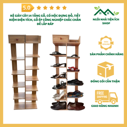 Kệ giày cây 14 tầng gỗ ép công nghiệp, thiết kế đứng thông minh, có hộc đựng đồ tiện lợi, tiết kiệm diện tích, dễ dàng lắp ráp và phù hợp với mọi không gian sống.