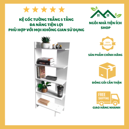 Kệ góc tường 5 tầng màu trắng, thiết kế đứng gọn nhẹ, chất liệu gỗ MDF phủ melamine chống thấm, dùng để trang trí decor hoặc đựng đồ cá nhân trong gia đình.