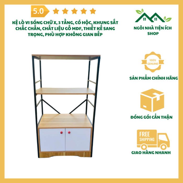 Kệ Lò Vi Sóng Chữ X, 3 Tầng, Có Hộc, Khung Sắt Chắc Chắn, Chất Liệu Gỗ MDF, Thiết Kế Sang Trọng, Phù Hợp Không Gian Bếp