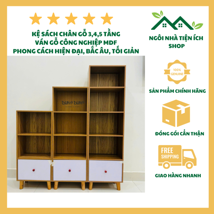 Kệ Sách Chân Gỗ 5 Tầng Hiện Đại, Gỗ Công Nghiệp MDF, Phong Cách Bắc Âu, Tối Giản, Bền Đẹp, Phù Hợp Mọi Không Gian