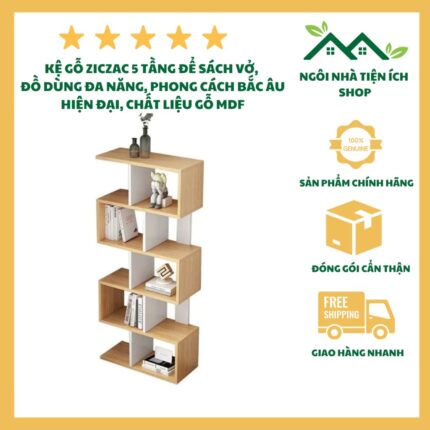 Kệ Gỗ Ziczac, Thiết Kế Hiện Đại, 140x60x20cm, Chất Liệu MDF Cao Cấp, Phong Cách Bắc Âu, Tối Giản, Bền Đẹp