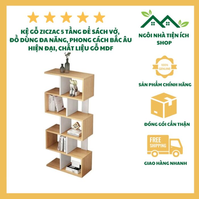 Kệ Gỗ Ziczac, Thiết Kế Hiện Đại, 140x60x20cm, Chất Liệu MDF Cao Cấp, Phong Cách Bắc Âu, Tối Giản, Bền Đẹp