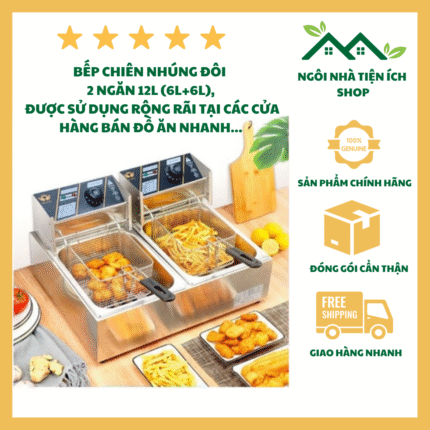 bep chien nhung doi 6l 6l inox 2 ngan cong suat lon