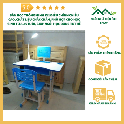 Bàn học thông minh K11 điều chỉnh chiều cao, chất liệu chắc chắn, phù hợp cho học sinh từ 8–15 tuổi, giúp ngồi học đúng tư thế