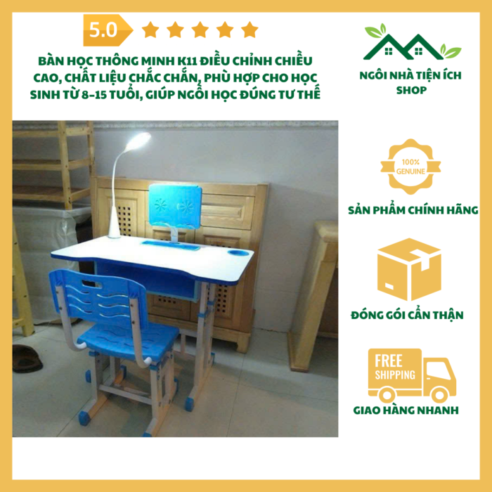 Bàn học thông minh K11 điều chỉnh chiều cao, chất liệu chắc chắn, phù hợp cho học sinh từ 8–15 tuổi, giúp ngồi học đúng tư thế