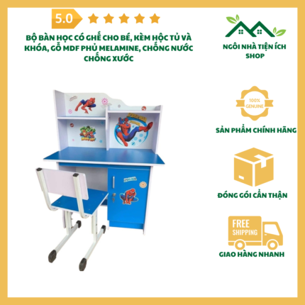 Bộ bàn học có ghế cho bé, thiết kế kèm hộc tủ và khóa, chất liệu gỗ MDF phủ melamine, chống xước chống nước, màu xanh và hồng dễ thương