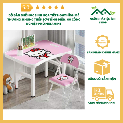 Bộ Bàn Ghế Học Sinh Họa Tiết Hoạt Hình Dễ Thương, Khung Thép Sơn Tĩnh Điện, Gỗ Công Nghiệp Phủ Melamine