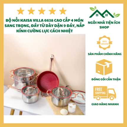 bộ nồi kaisa villa kv-6638 9 đáy vung kính cường lực inox 304
