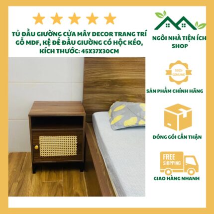 Tủ Đầu Giường Cửa Mây Decor Trang Trí, Chất Liệu Gỗ MDF Kết Hợp Mây Đan, Có Hộc Mở Lưu Trữ Tiện Lợi