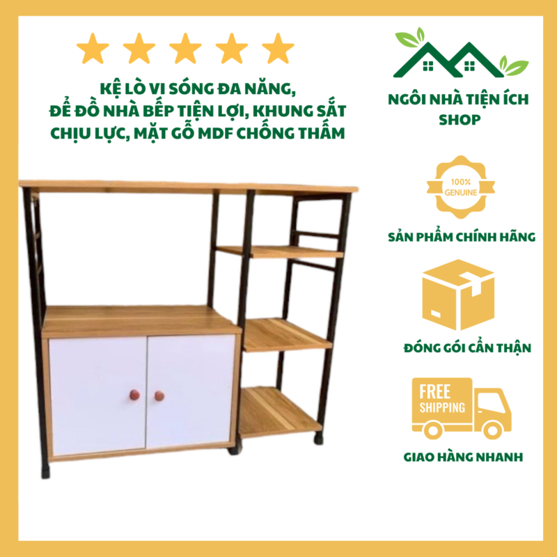 Kệ Lò Vi Sóng Đa Năng, Để Đồ Nhà Bếp Tiện Lợi, Khung Sắt Chịu Lực, Mặt Gỗ MDF Chống Thấm