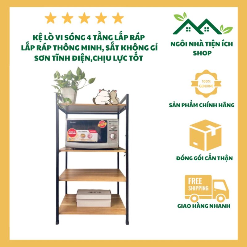 Kệ Lò Vi Sóng 4 Tầng, Khung Sắt Sơn Tĩnh Điện Chống Gỉ, Gỗ MDF Chống Thấm, Thiết Kế Chịu Lực Tốt