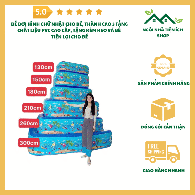 bể bơi hình chữ nhật cho bé dung tích 1m3 thành cao 3 tầng chất liệu PVC cao cấp