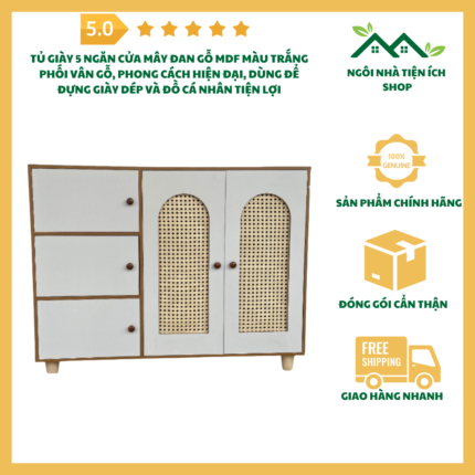 Tủ giày 5 ngăn cửa mây đan gỗ MDF màu trắng phối vân gỗ, phong cách hiện đại, dùng để đựng giày dép và đồ cá nhân tiện lợi, phù hợp decor phòng khách