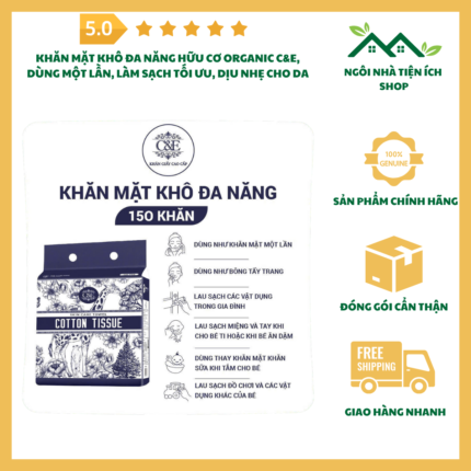 Khăn mặt khô đa năng hữu cơ C&E dùng một lần, bông tự nhiên 100%, mềm mại an toàn cho da, phù hợp skincare, spa, du lịch và chăm sóc em bé.