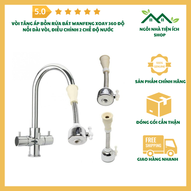 Đầu vòi tăng áp 360 Wanfeng, đầu vòi rửa bát tăng áp, vòi nước xoay chống văng, đầu vòi 2 chế độ nước, phụ kiện vòi bồn rửa tiện lợi.