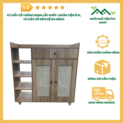 Tủ giày gỗ thông minh 3 ngăn màu vân gỗ sồi hiện đại, phong cách Bắc Âu, đặt tại phòng khách.
