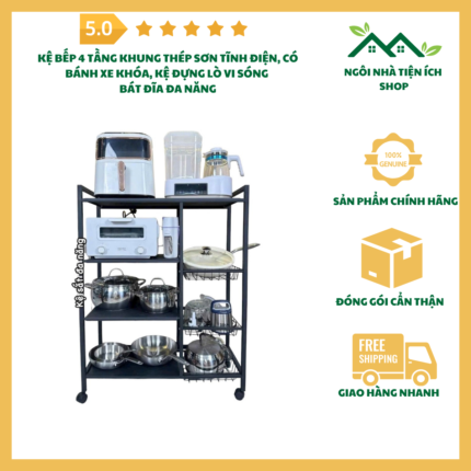 Kệ bếp 4 tầng khung thép sơn tĩnh điện có bánh xe, đựng đồ nhà bếp, lò vi sóng, gia vị tiện lợi