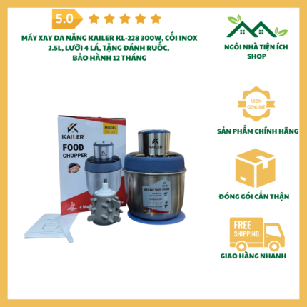 Máy xay đa năng KAILER KL-228 300W với cối inox 2.5L và lưỡi dao 4 cánh sắc bén, phụ kiện tặng kèm đánh ruốc tiện lợi.