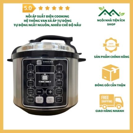 Nồi áp suất điện Cooking 6L màu bạc, có màn hình, bảng điều khiển nút bấm, lòng nồi chống dính, công suất 1050W.