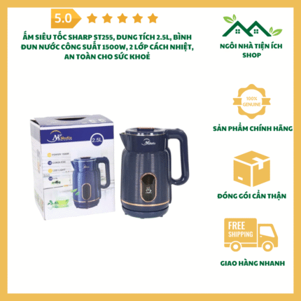 Ấm Siêu Tốc Sharp ST255 Dung Tích 2.2L Bình Đun Nước Công Suất 1500W 2 Lớp Cách Nhiệt