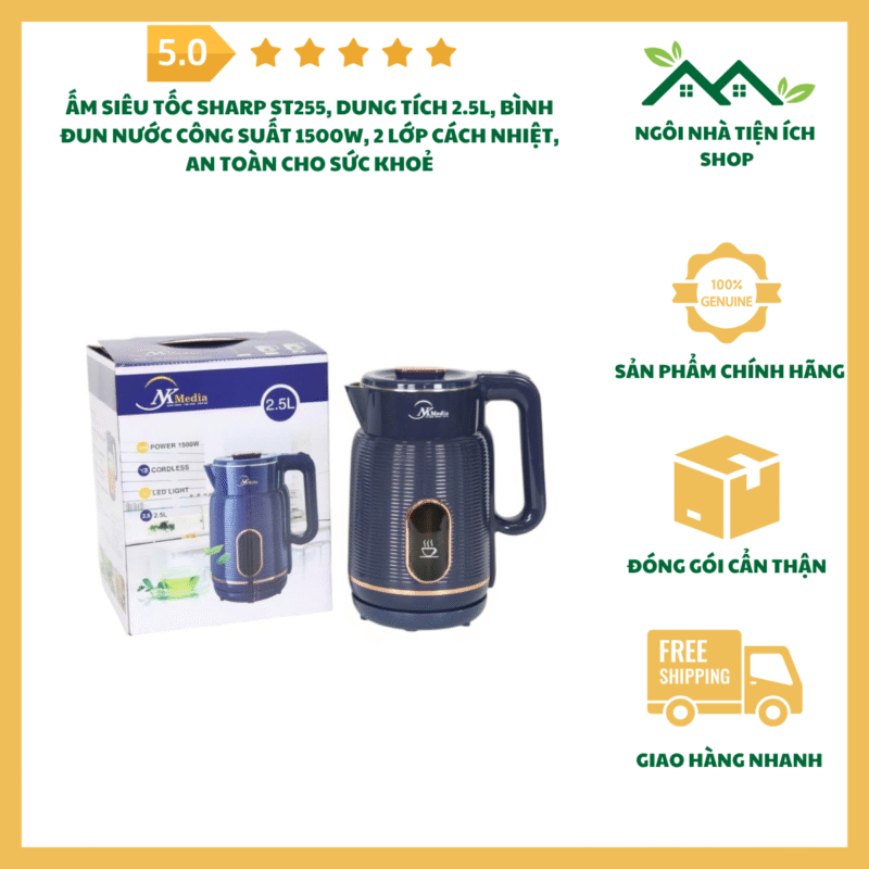 Ấm Siêu Tốc Sharp ST255 Dung Tích 2.2L Bình Đun Nước Công Suất 1500W 2 Lớp Cách Nhiệt