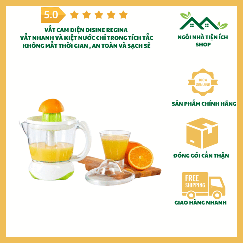 Máy vắt cam điện DISINE REGINA nhỏ gọn, công suất 25W, ly chứa 700ml, thiết kế chống nhỏ giọt, dễ vệ sinh, tiện lợi cho gia đình