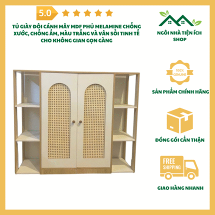 tủ giày đôi cánh mây MDF phủ Melamine chống xước chống ẩm màu trắng và vân sồi