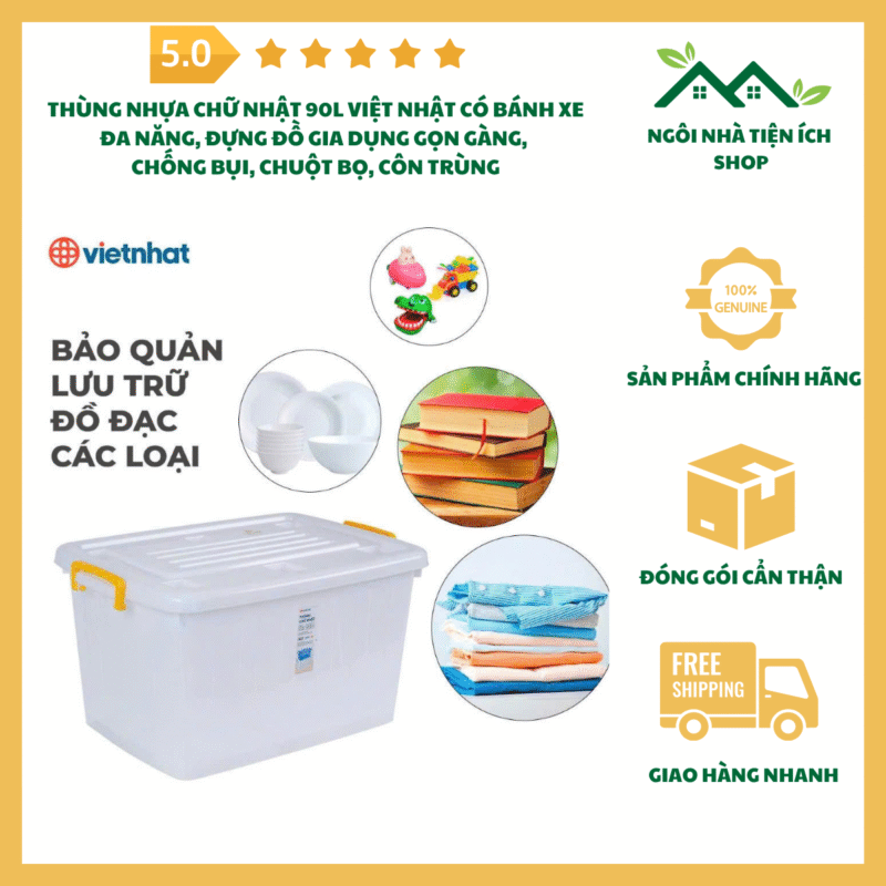 Thùng Nhựa Chữ Nhật 90L Việt Nhật có bánh xe đẩy tiện lợi, chất liệu nhựa PP an toàn, nắp kín chống bụi, gián, chuột. Giải pháp lưu trữ thông minh gia đình.