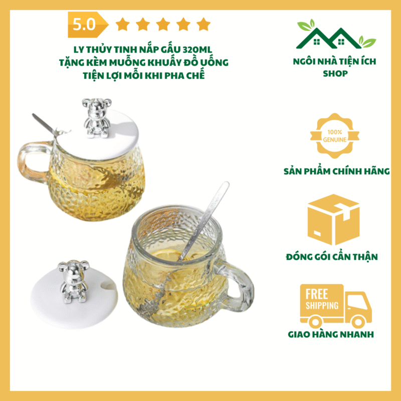 Cốc thủy tinh nắp gấu dễ thương, kèm thìa và charm trang trí