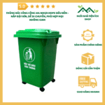 Thùng rác công cộng 30L màu xanh lá, chất liệu nhựa HDPE có bánh xe và nắp đậy kín phù hợp sử dụng ngoài trời