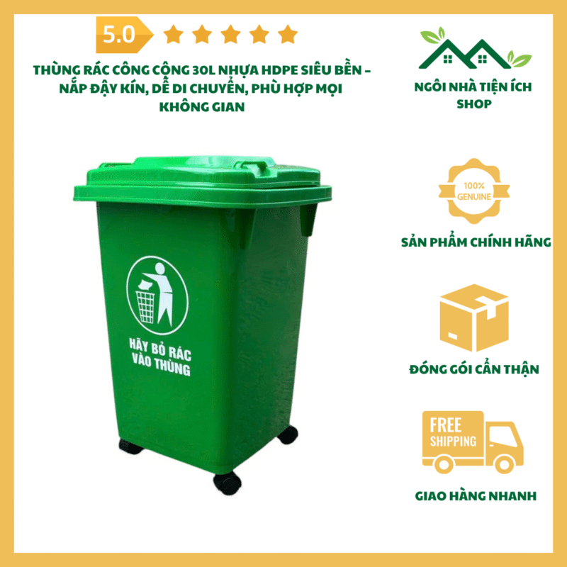 Thùng rác công cộng 30L màu xanh lá, chất liệu nhựa HDPE có bánh xe và nắp đậy kín phù hợp sử dụng ngoài trời