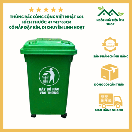 Thùng rác công cộng 60L nhựa HDPE màu xanh lá có 4 bánh xe, nắp kín tiện lợi cho khu công nghiệp và trường học
