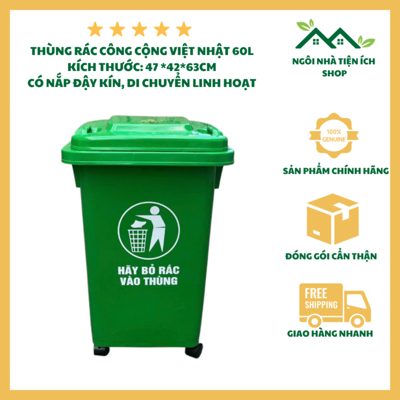 Thùng rác công cộng 60L nhựa HDPE màu xanh lá có 4 bánh xe, nắp kín tiện lợi cho khu công nghiệp và trường học