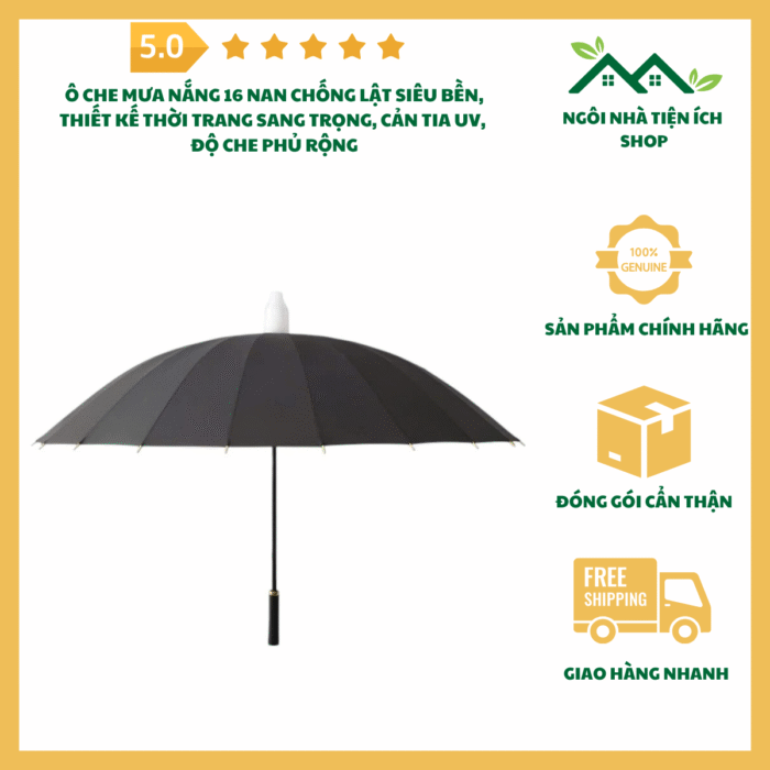 Ô che mưa nắng 16 nan chống lật nhiều màu thời trang cao cấp