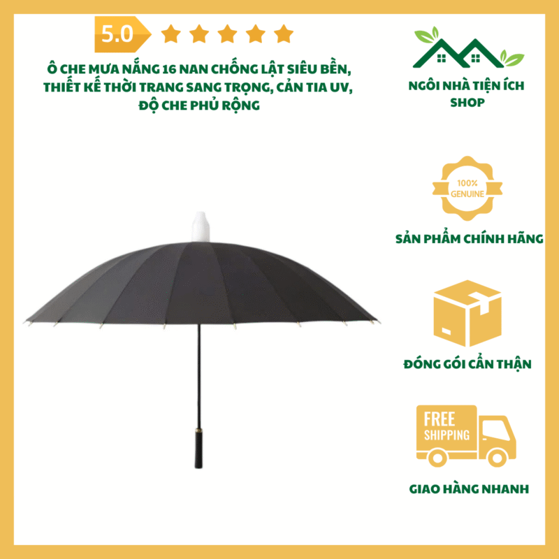 Ô che mưa nắng 16 nan chống lật nhiều màu thời trang cao cấp
