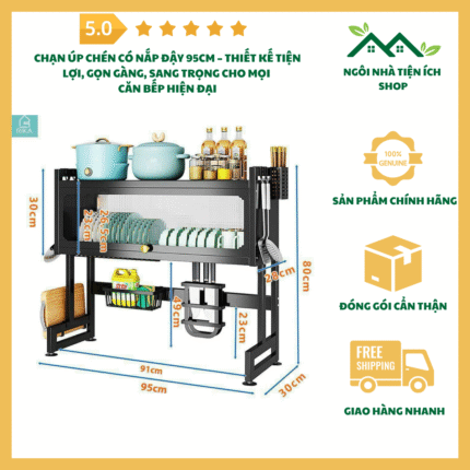 Chạn úp chén có nắp đậy 95cm bằng thép carbon bền chắc, thiết kế tiện lợi chống bụi