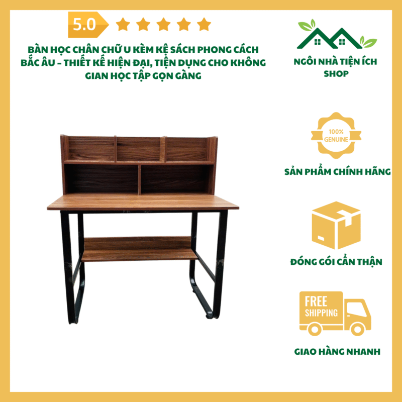 Bàn học chân chữ U kèm kệ sách phong cách Bắc Âu màu gỗ sáng hiện đại tiện dụng