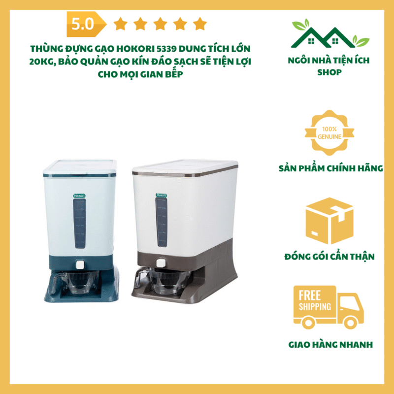 Thùng Đựng Gạo Hokori 5339 Dung Tích 20kg Nhựa PP An Toàn Có Nắp Kín Và Nút Nhấn Lấy Gạo Tự Động
