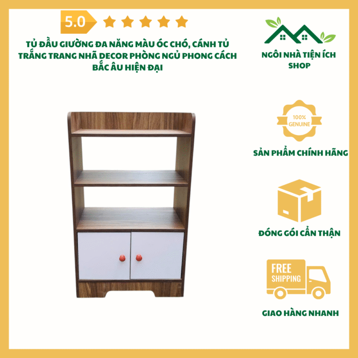 Tủ đầu giường đa năng màu óc chó, cánh trắng thiết kế hiện đại trang trí phòng ngủ