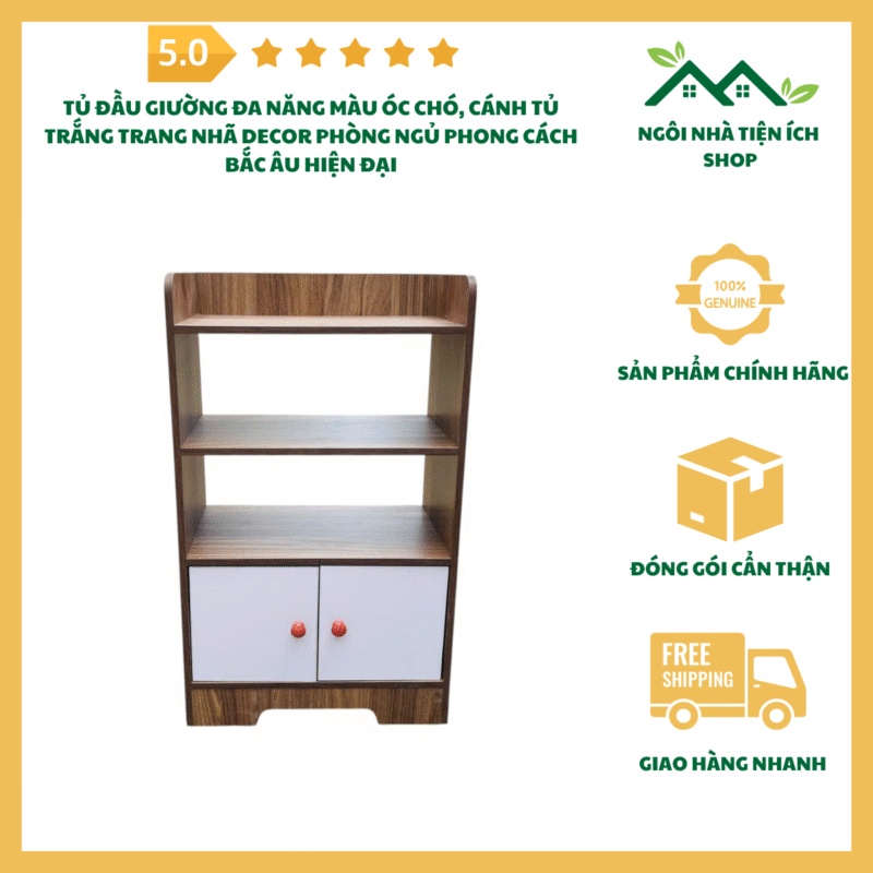 Tủ đầu giường đa năng màu óc chó, cánh trắng thiết kế hiện đại trang trí phòng ngủ
