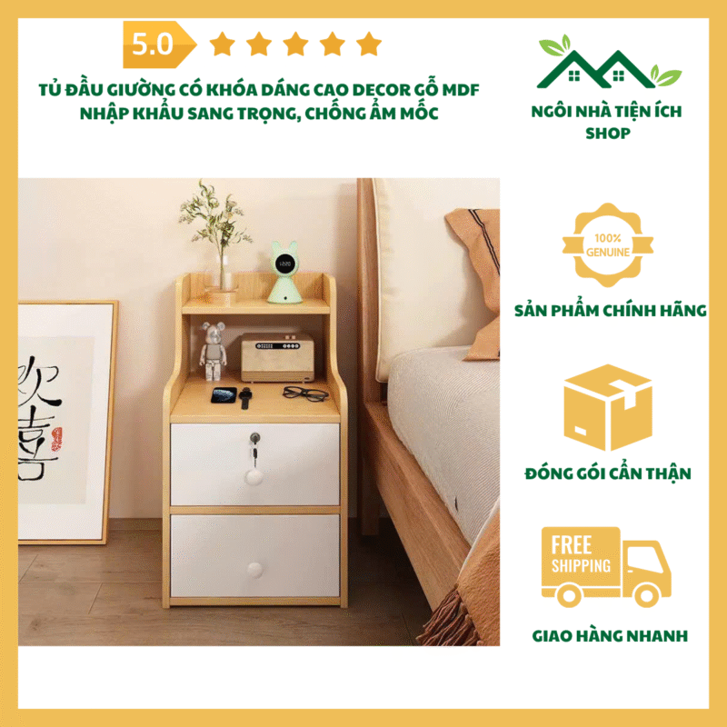 Tủ đầu giường có khóa dáng cao bằng gỗ MDF phủ Melamine màu vân gỗ tự nhiên