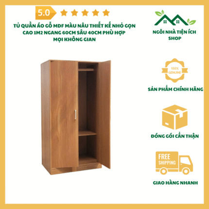 Tủ Quần Áo Gỗ MDF Màu Nâu Cao 1m2 Ngang 60cm Sâu 40cm Thiết Kế Nhỏ Gọn