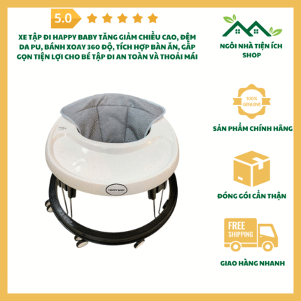 Xe Tập Đi Happy Baby Tăng Giảm Chiều Cao, Đệm Da PU, Bánh Xoay 360 Độ, Tích Hợp Bàn Ăn