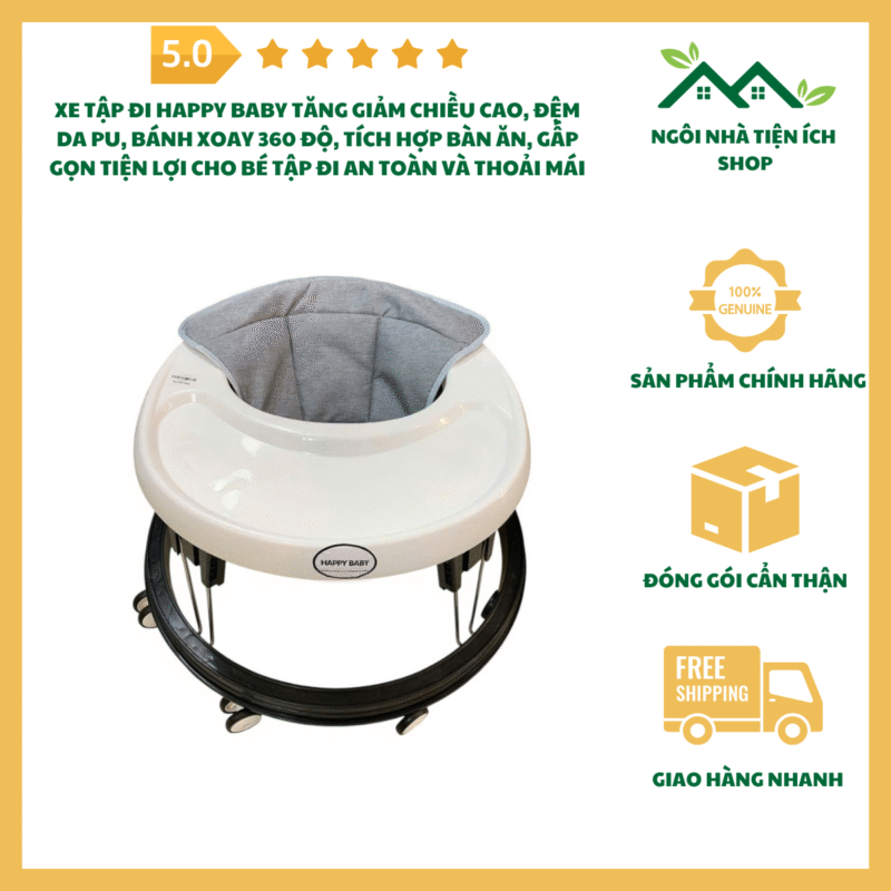 Xe Tập Đi Happy Baby Tăng Giảm Chiều Cao, Đệm Da PU, Bánh Xoay 360 Độ, Tích Hợp Bàn Ăn