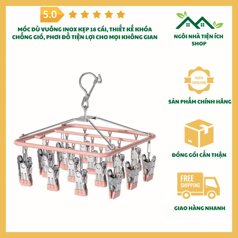 Móc Dù Vuông Inox Kẹp 18 Cái Chống Gió Treo Đồ Đa Năng